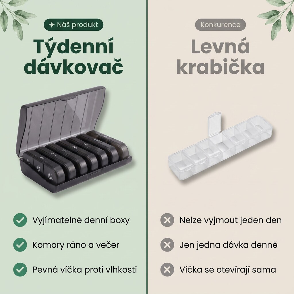 Týdenní dávkovač léků versus levná krabička